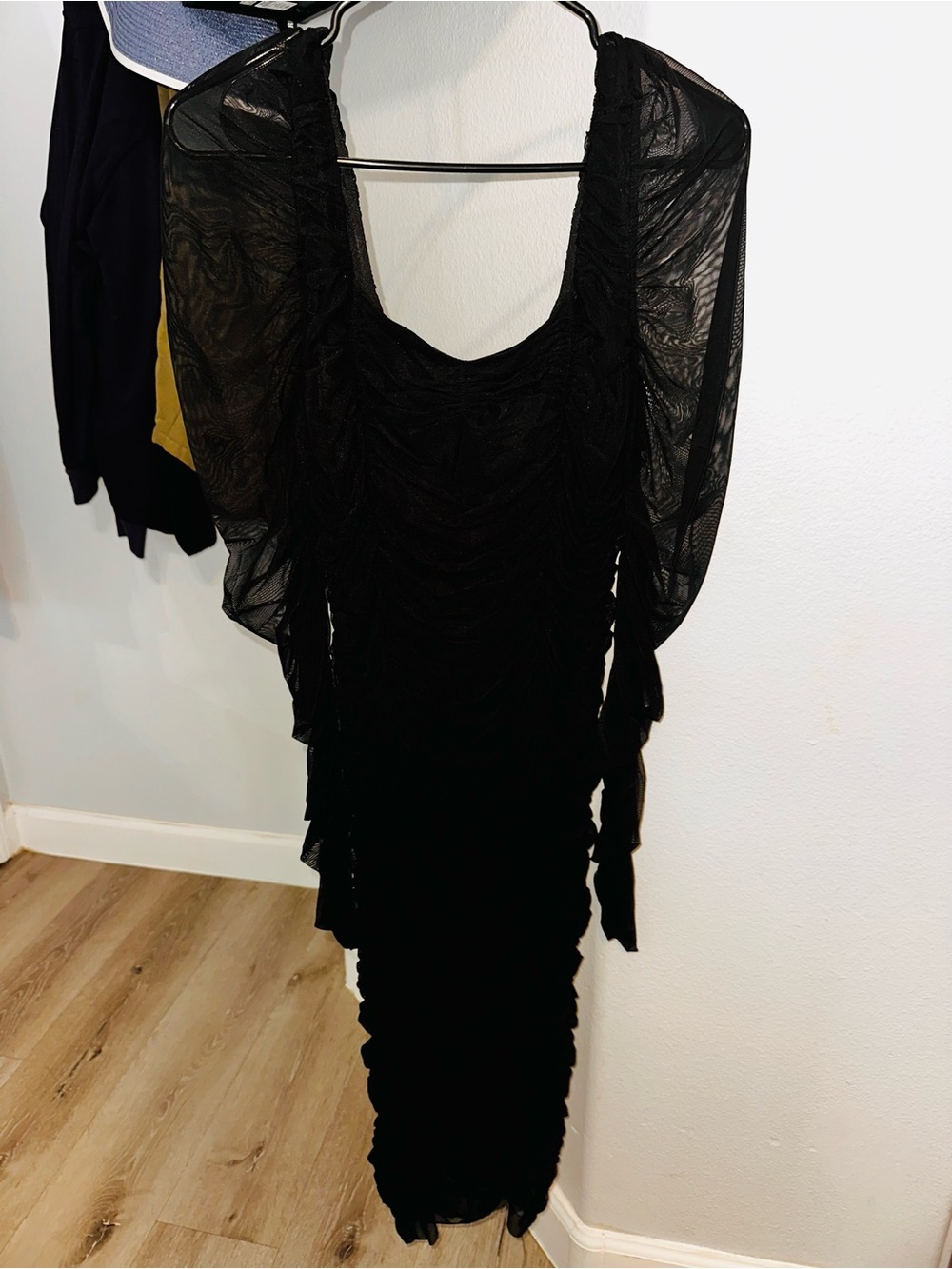 Fashion Nova Black Ruched Mesh Long Sleeve Dress